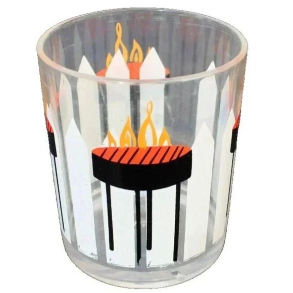 Vtg MCM H J Stotter Painted Acrylic Low Ball Beverage Tumbler Cup Barbeque Grill - Picture 2 of 2